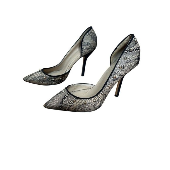 Women's Black Lace Studded Stiletto Heels Pointed Toe Party Shoes - Picture 3 of 5